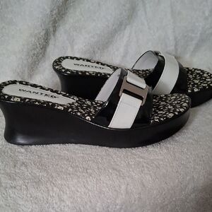 WANTED Black & White Wedge Slide Sandals with Buckle Accent